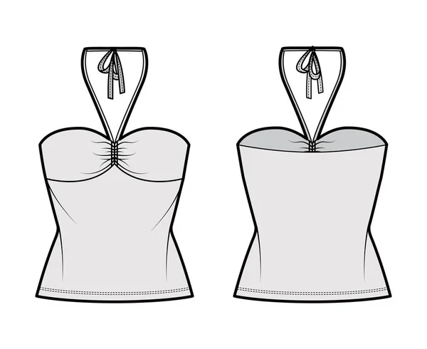 Top bandeau neck halter tank cotton-jersey technical fashion illustration with thin tieback, slim fit, bow, tunic length — Stockvector
