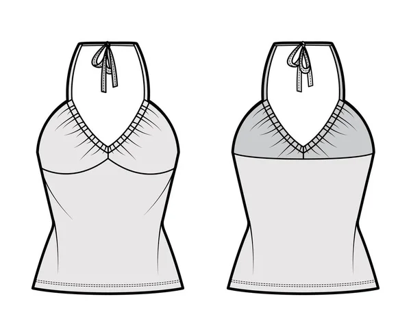 Top V-neck halter tank technical fashion illustration with empire seam, thin tieback, slim fit, bow, tunic length. Flat — 스톡 벡터