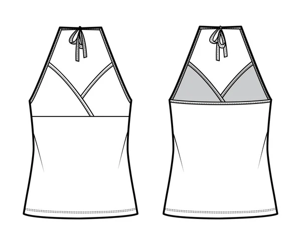Top halter neck surplice tank cotton-jersey technical fashion illustration with empire seam, bow, oversized tunic length — Stockvector