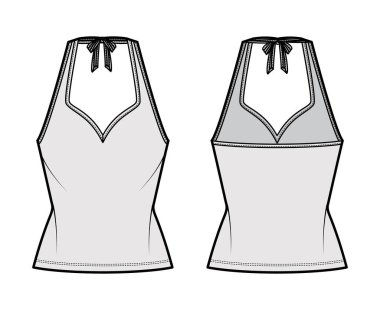 Tank halter sweetheart neck top technical fashion illustration with bow, slim fit, tunic length. Flat apparel
