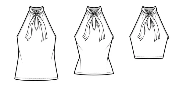 Set of Tops V-neck halter tank technical fashion illustration with tie, wrap, slim, oversized fit, bow, crop, tunic — 图库矢量图片