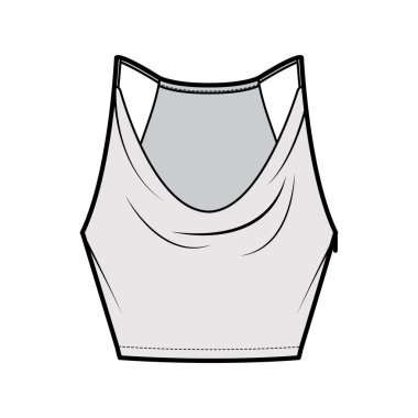 Tank low cowl Crop Camisole technical fashion illustration with thin adjustable straps, slim fit, waist length. Flat 