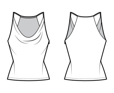 Tank low cowl Camisole technical fashion illustration with thin adjustable straps, slim fit, tunic length. Flat apparel 