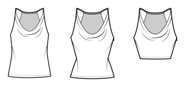 Set of Tanks low cowl Crop Camisoles technical fashion illustration with thin adjustable straps, slim, oversized fit