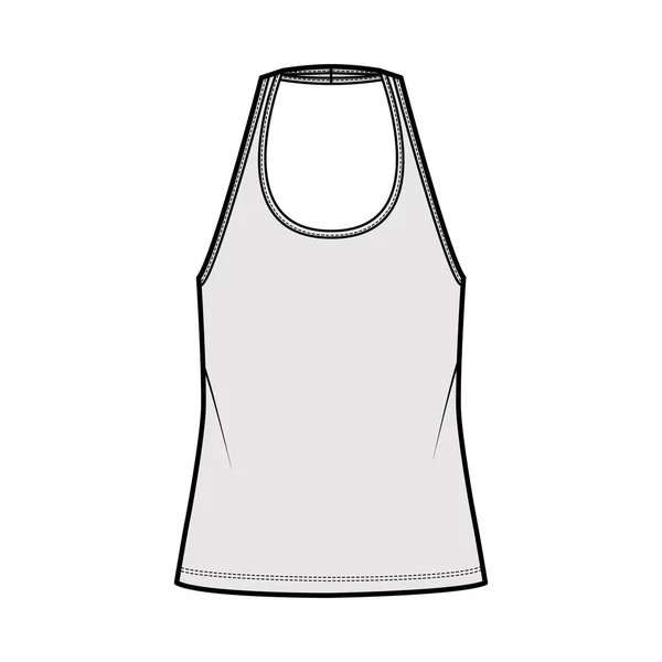 Tank halter scoop neck top technical fashion illustration with oversized, tunic length. Flat apparel shirt outwear — 스톡 벡터