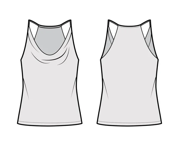 Tank low cowl Crop Camisole technical fashion illustration with thin adjustable straps, oversized, waist length. Flat — Stockvector