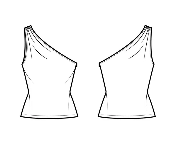 Top One-shoulder with ruching tank technical fashion illustration with fitted slim body, tunic length. Flat outwear — Διανυσματικό Αρχείο