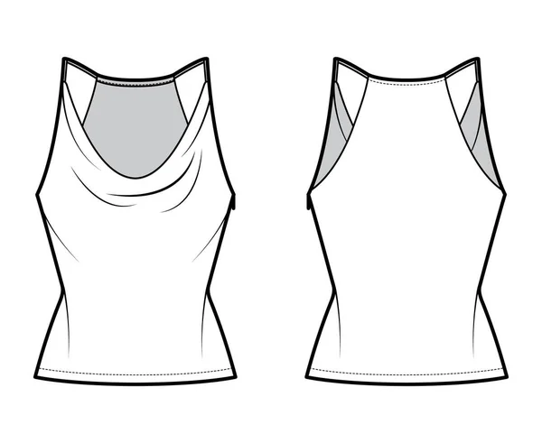 Tank low cowl Camisole technical fashion illustration with thin adjustable straps, slim fit, tunic length. Flat apparel — Stockvektor