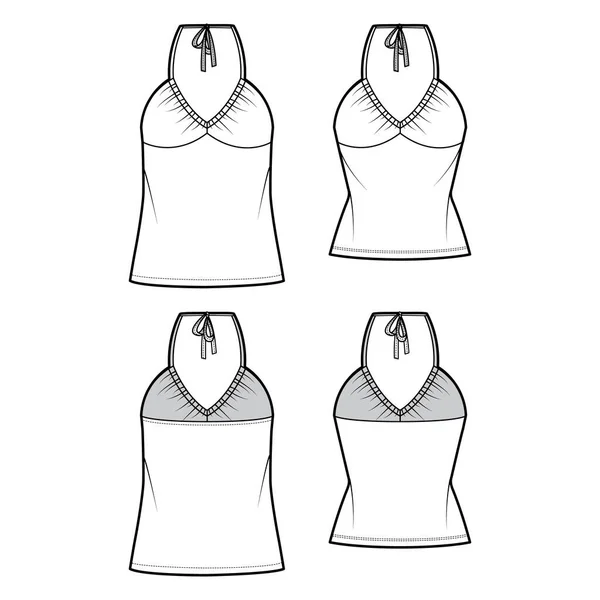 Set of Tops V-neck halter tank technical fashion illustration with empire seam, thin tieback, slim, oversized fit, bow, — Vetor de Stock