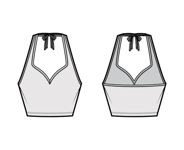 Tank halter sweetheart neck Crop top technical fashion illustration with bow, slim fit, waist length. Flat apparel — Διανυσματικό Αρχείο