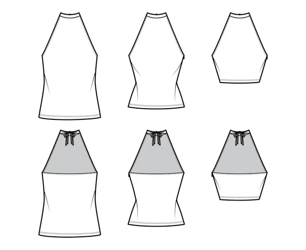 Set of Tops high neck halter tanks technical fashion illustration with bow, slim, oversized fit, waist, crop length. — Διανυσματικό Αρχείο