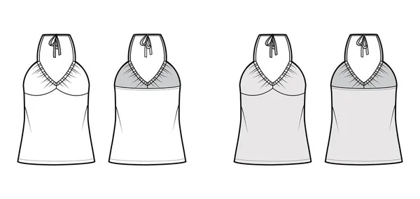 Top V-neck halter tank technical fashion illustration with empire seam, thin tieback, oversized, bow, tunic length. — Image vectorielle