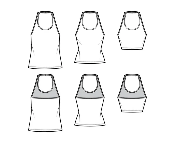 Set of Tanks halter scoop neck tops technical fashion illustration with slim, oversized fit, waist, crop length. Flat — ストックベクタ