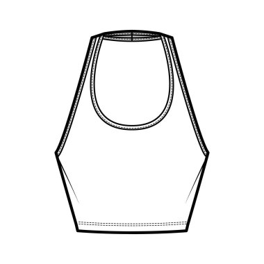 Tank halter scoop neck Crop top technical fashion illustration with slim fit, waist length Flat apparel outwear template