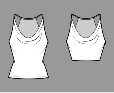 Set of Tanks low cowl Crop Camisoles technical fashion illustration with thin adjustable straps, slim fit, waist, crop