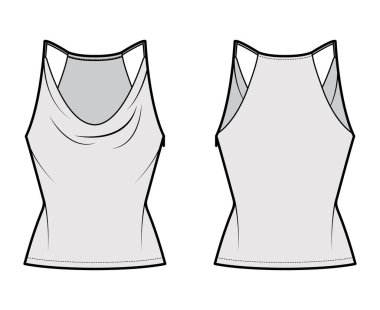 Tank low cowl Camisole technical fashion illustration with thin adjustable straps, slim fit, tunic length. Flat apparel 