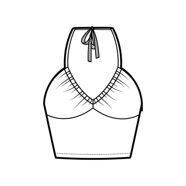 Top crop V-neck halter tank technical fashion illustration with empire seam, thin tieback, slim fit, bow, waist length. — Image vectorielle