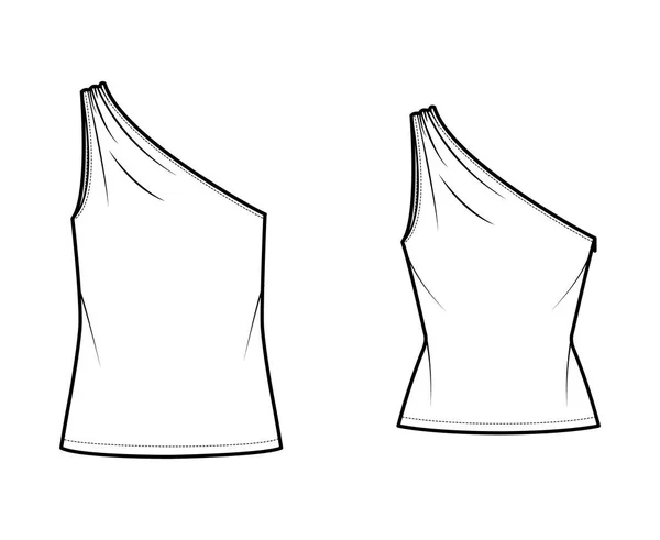 Set of One-shoulder tops tank technical fashion illustration with ruching, fitted and oversized body, tunic length hem. — Stockový vektor