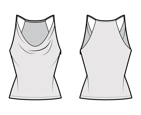 Tank low cowl Camisole technical fashion illustration with thin adjustable straps, slim fit, tunic length. Flat apparel — 스톡 벡터