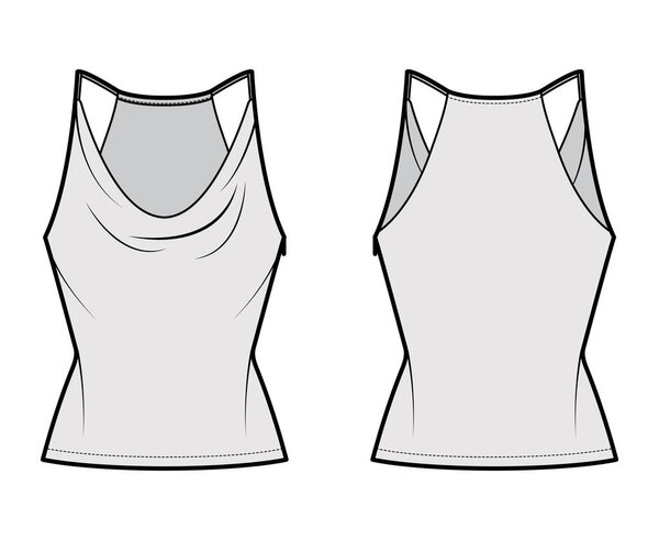 Tank low cowl Camisole technical fashion illustration with thin adjustable straps, slim fit, tunic length. Flat apparel 