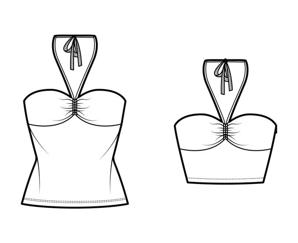 Set of Tops bandeau neck halter tank cotton-jersey technical fashion illustration with thin tieback, slim fit, bow — Vetor de Stock