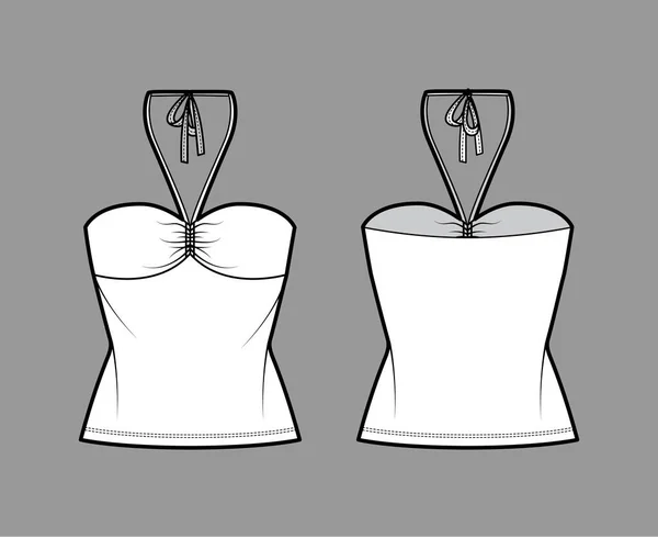 Top bandeau neck halter tank cotton-jersey technical fashion illustration with thin tieback, slim fit, bow, tunic length — Stock vektor