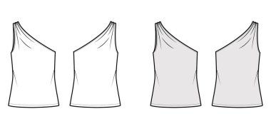 One-shoulder top tank technical fashion illustration with ruching, oversized body, tunic length hem. Flat outwear shirt