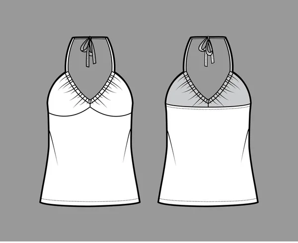 Top V-neck halter tank technical fashion illustration with empire seam, thin tieback, oversized, bow, tunic length. —  Vetores de Stock