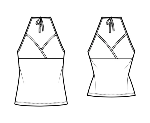 Set of Camisoles halter neck surplice tanks technical fashion illustration with empire seam, bow, slim, oversized fit — Stockový vektor