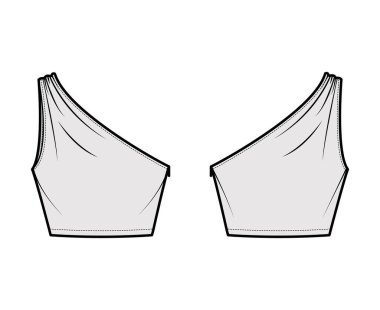 Crop top One-shoulder with ruching tank technical fashion illustration with fitted slim body, waist length. Flat outwear