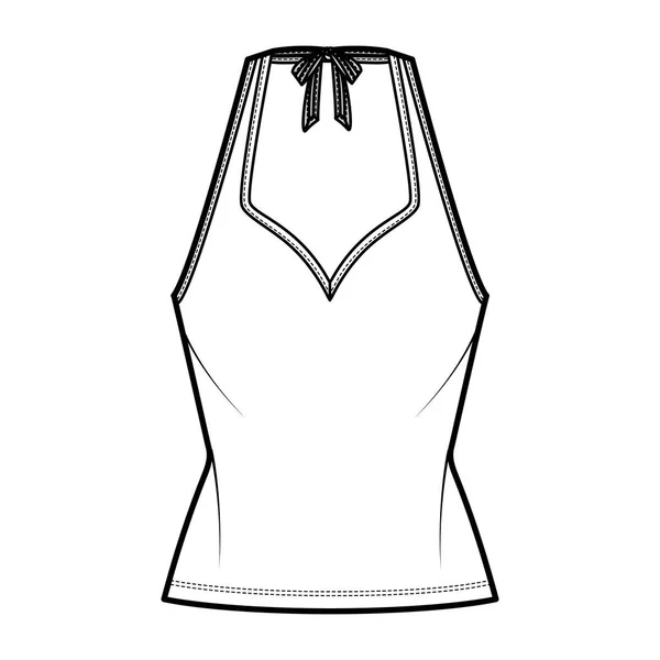 Tank halter sweetheart neck top technical fashion illustration with bow, slim fit, tunic length. Flat apparel — ストックベクタ