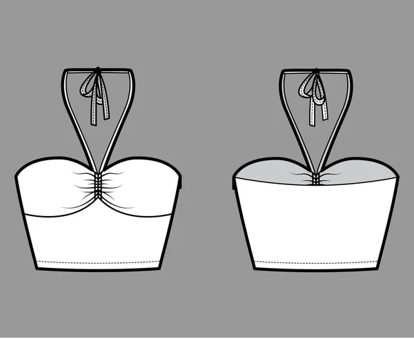 Top crop bandeau neck halter tank cotton-jersey technical fashion illustration with thin tieback, slim fit, waist length — Διανυσματικό Αρχείο