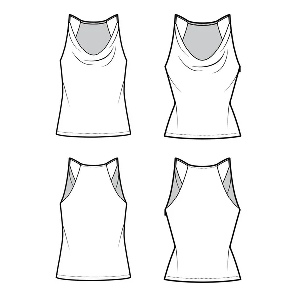 Set of Tanks low cowl Crop Camisoles technical fashion illustration with thin adjustable straps, slim, oversized fit — Vector de stock