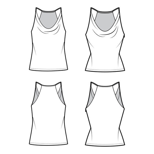 Set of Tanks low cowl Crop Camisoles technical fashion illustration with thin adjustable straps, slim, oversized fit