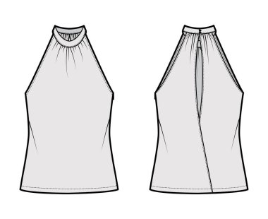 Top banded high neck halter tank technical fashion illustration with wrap, oversized, tunic length. Flat apparel outwear