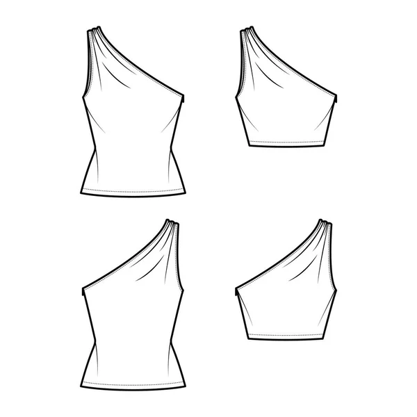 Set of One-shoulder tops tank technical fashion illustration with ruching, fitted body, tunic and waist length hem. — Vector de stock
