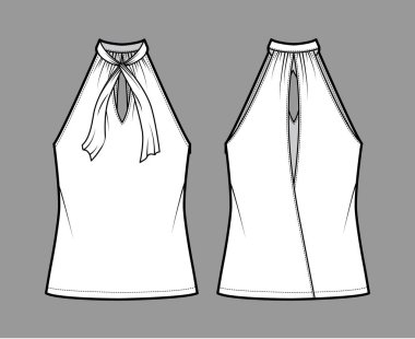 Top V-neck halter tank technical fashion illustration with tie, wrap, oversized, bow, tunic length Flat outwear template