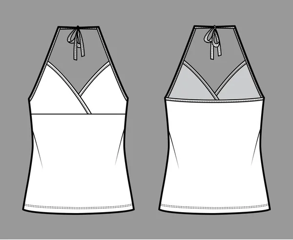 Top halter neck surplice tank cotton-jersey technical fashion illustration with empire seam, bow, oversized tunic length — ストックベクタ
