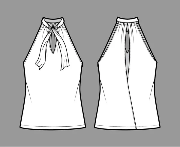 Верхня V-подібна напівтонова технічна модна ілюстрація з краваткою, обгорткою, негабаритом, бантом, довжиною туніки Шаблон плоского одягу — стоковий вектор
