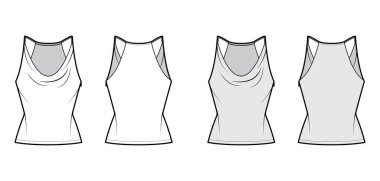 Tank low cowl Camisole technical fashion illustration with thin adjustable straps, slim fit, tunic length. Flat apparel 