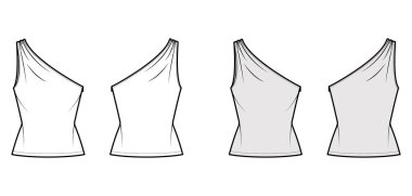 Top One-shoulder with ruching tank technical fashion illustration with fitted slim body, tunic length. Flat outwear