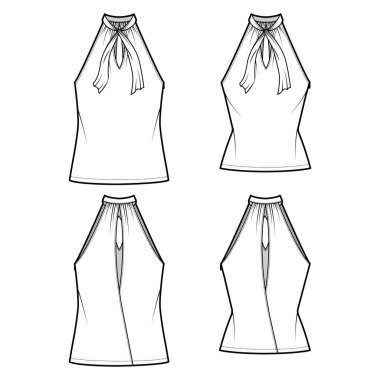 Set of Tops V-neck halter tank technical fashion illustration with tie, wrap, slim, oversized fit, bow, tunic length.