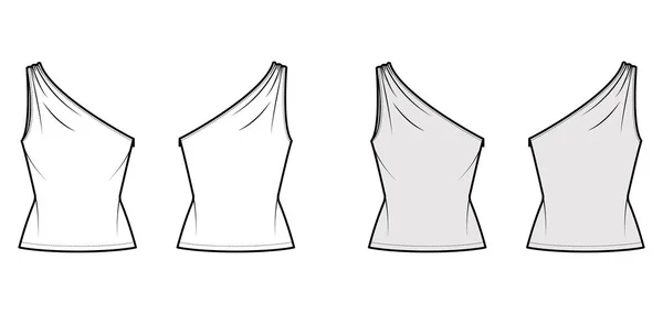 Top One-shoulder with ruching tank technical fashion illustration with fitted slim body, tunic length. Flat outwear — 스톡 벡터