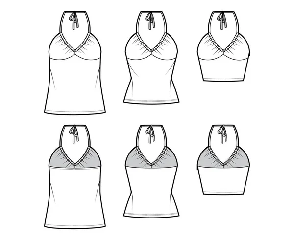 Set of Tops V-neck halter tanks technical fashion illustration with empire seam, thin tieback, slim, oversized fit, bow — Vettoriale Stock