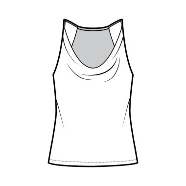 Tank low cowl Crop Camisole technical fashion illustration with thin adjustable straps, oversized, waist length. Flat 