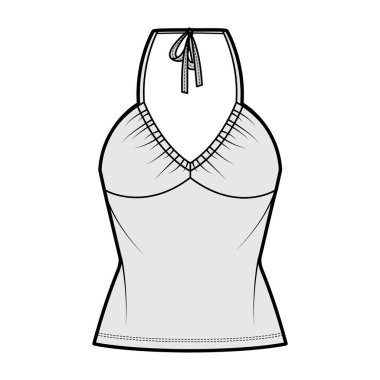 Top V-neck halter tank technical fashion illustration with empire seam, thin tieback, slim fit, bow, tunic length. Flat 
