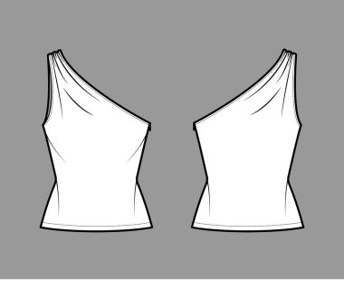 Top One-shoulder with ruching tank technical fashion illustration with fitted slim body, tunic length. Flat outwear