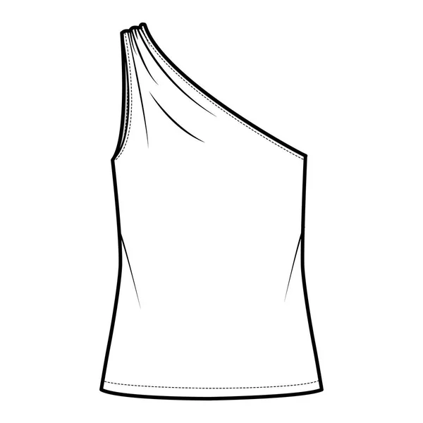 One-shoulder top tank technical fashion illustration with ruching, oversized body, tunic length hem. Flat outwear shirt — 图库矢量图片