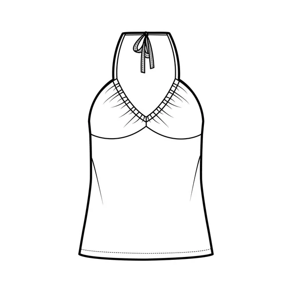 Top V-neck halter tank technical fashion illustration with empire seam, thin tieback, oversized, bow, tunic length. — Vetor de Stock