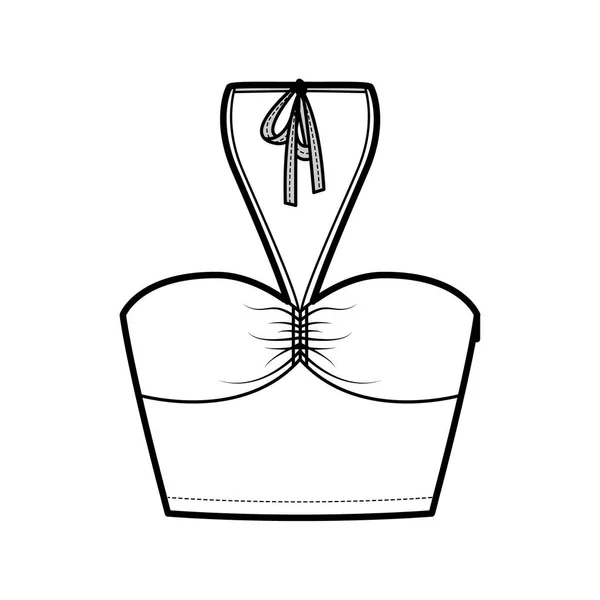 Top crop bandeau neck halter tank cotton-jersey technical fashion illustration with thin tieback, slim fit, waist length — Stok Vektör